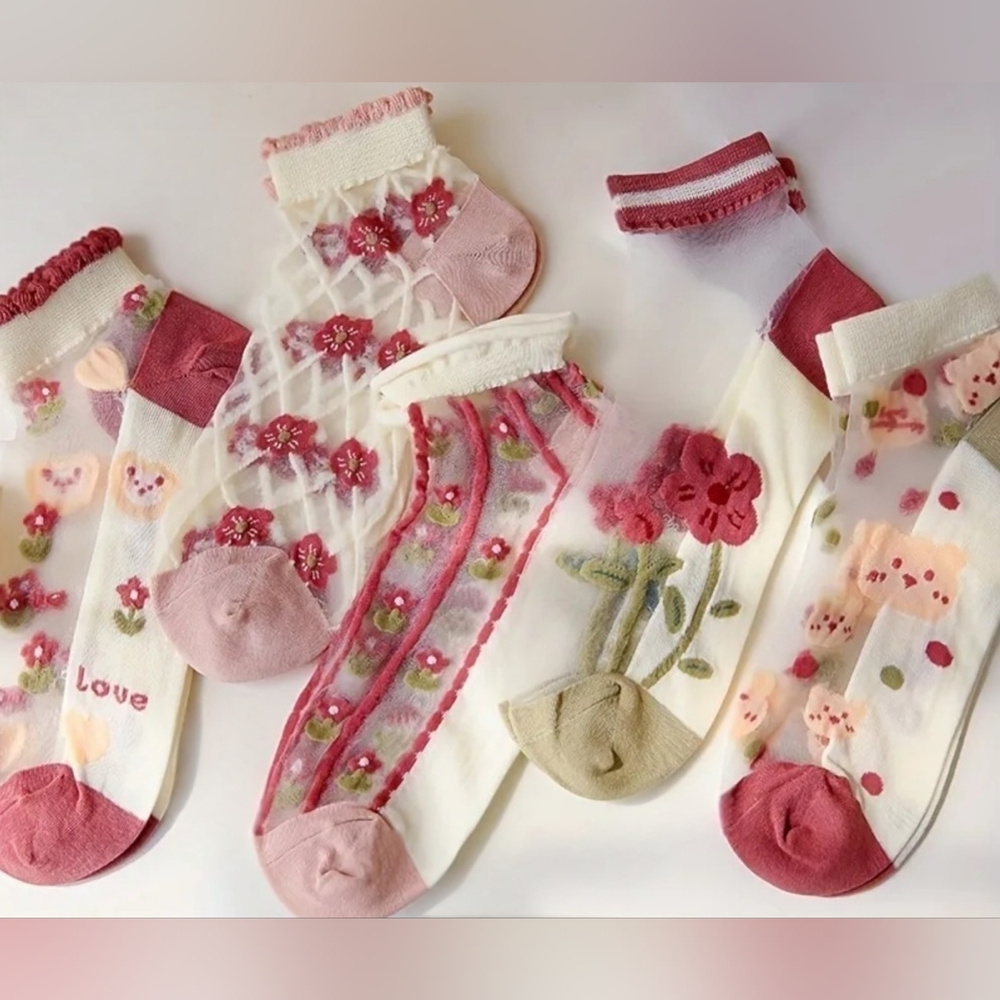 Cute Floral Sheer Mesh Socks Bundle - Embroidered Style Flowers